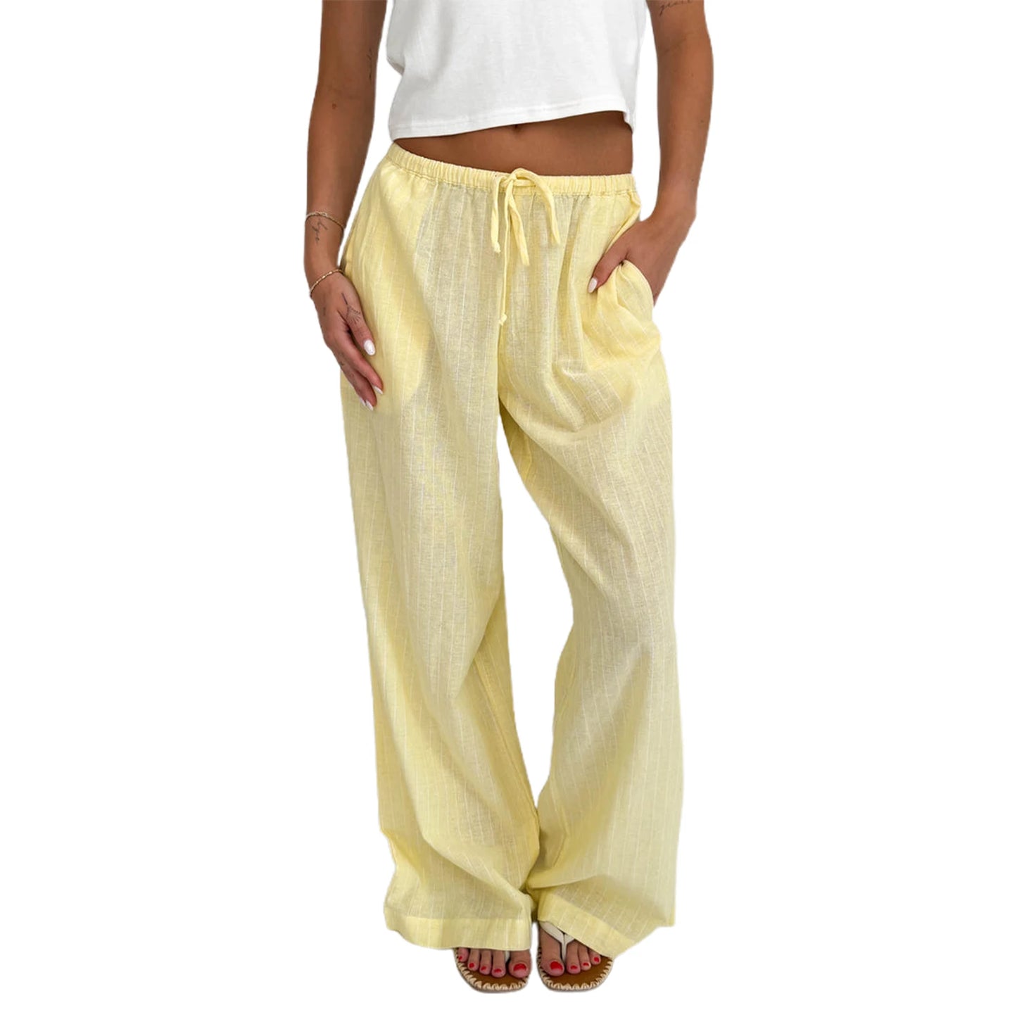 Women Loose Pants Stripe Micro-Sheer Drawstring Elastic Waist Trousers Spring Fall Casual Sweatpants Bottoms