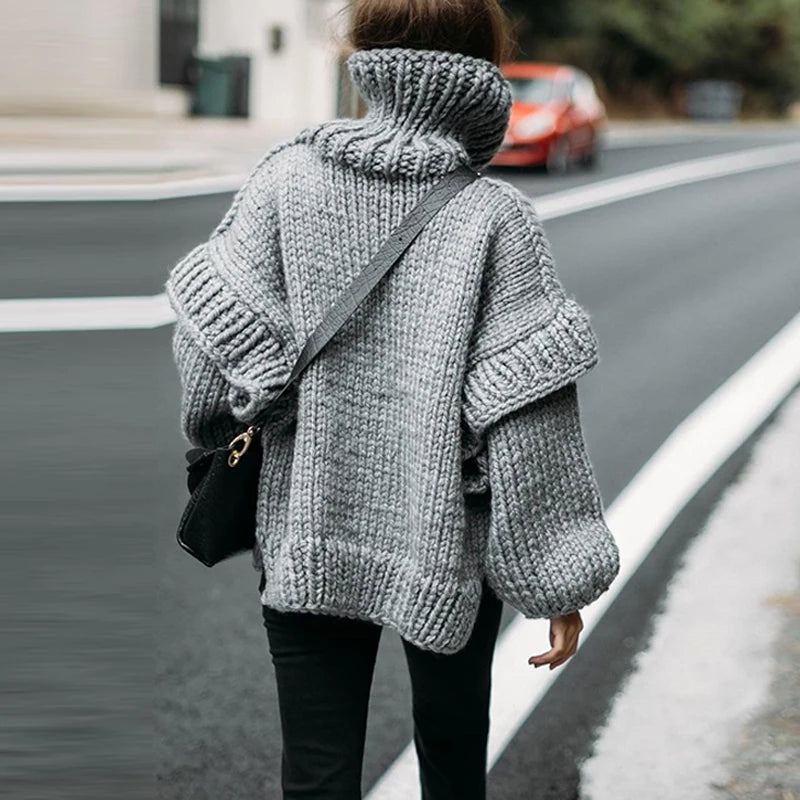 Women Casual Warm Winter Thick Sweater Fall Elegant Turtleneck Solid Knitted Jumper Femme Fashion Long Sleeve Loose Pullover Top