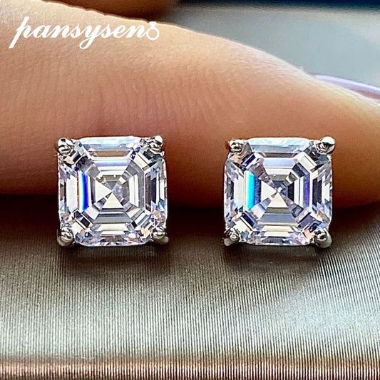 PANSYSEN Classic 100% 925 Sterling Silver 7x7MM Asscher Cut High Carbon Diamond Wedding Engagement Stud Earrings Fine Jewelry