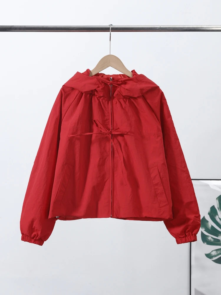 Hooded Zippered Stand Collar Lace-Up Jacket for Women