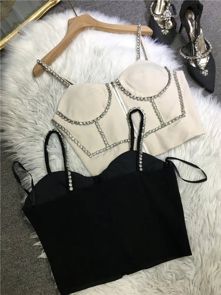 Fashion New Spring Summer Thin Shoulder Strap Camisole Hot Girl Diamonds Sexy Breast Pad Tube Top High Waist Zip Crop Tanks Tops