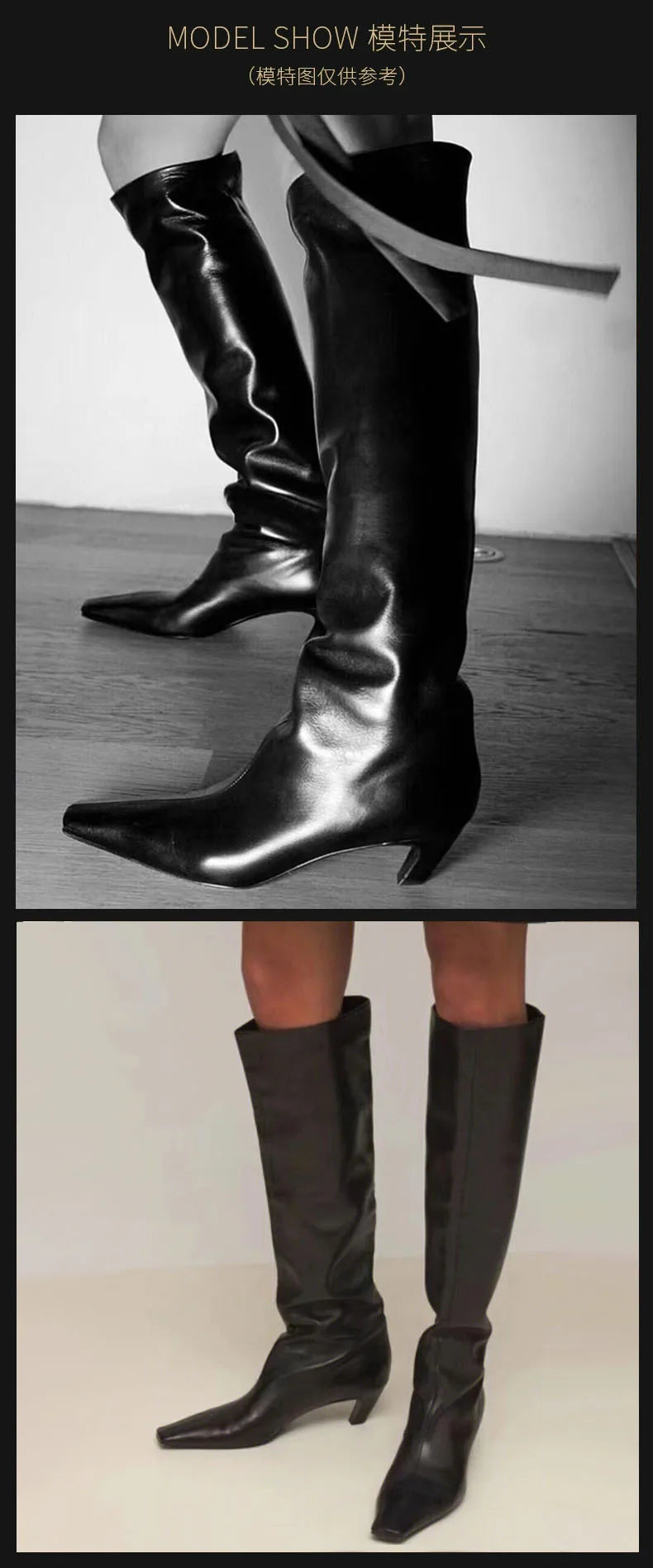 Square Toe Leather Knee High Boots With Zip Closure For Women