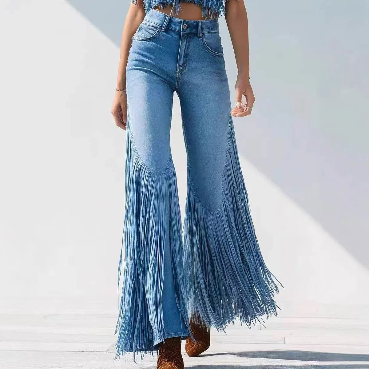 Dark Blue Loose Asymmetrical Tassel Denim Jeans For Women