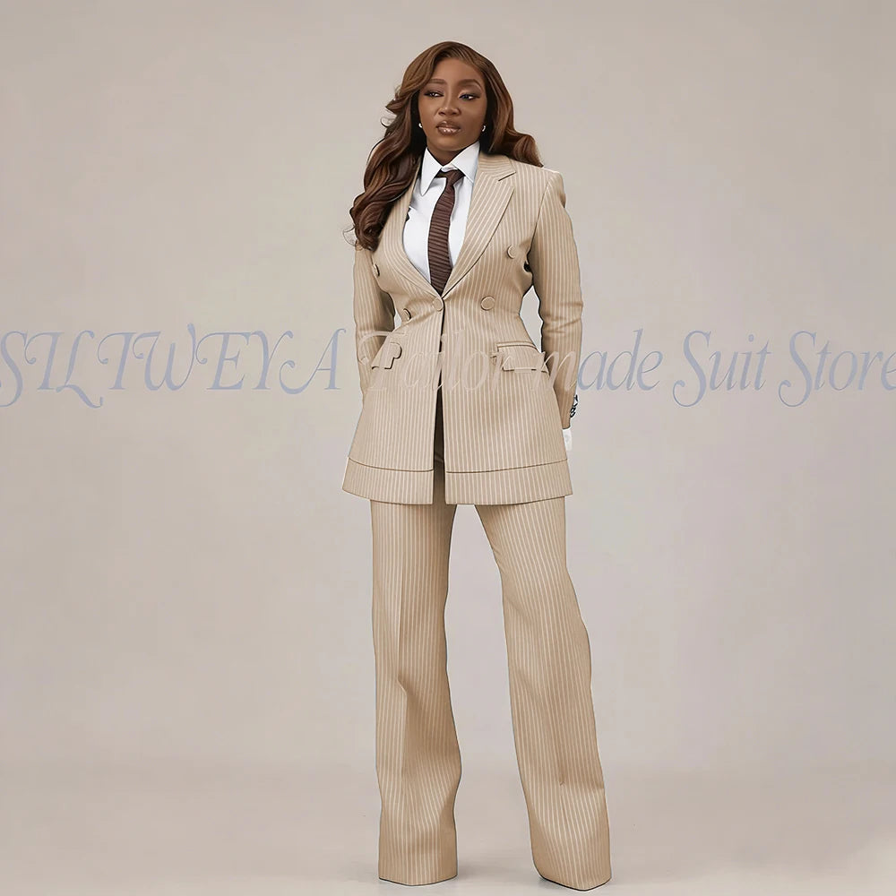 Slim Fit Brown Striped Blazer Set With Pants For Women