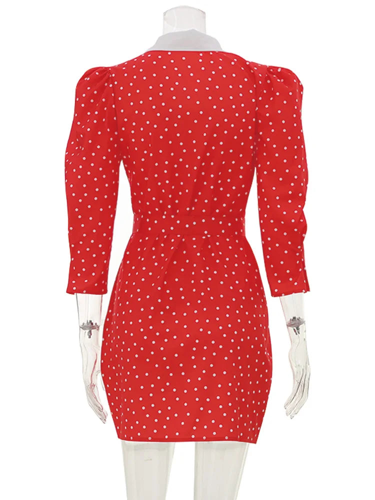 Elegant Polka Dot V Neck Puff Sleeve Mini Dress for Women