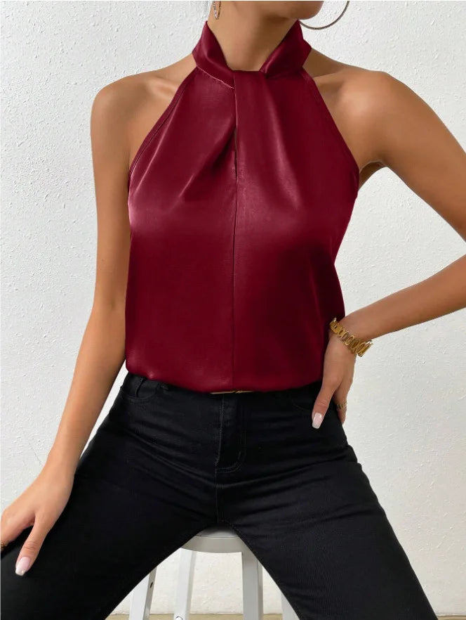 Women's Tops 2025 Summer New European and American Clothes Satin Halter Sleeveless Vest Sexy Commuting Satin Simulated Silk Top