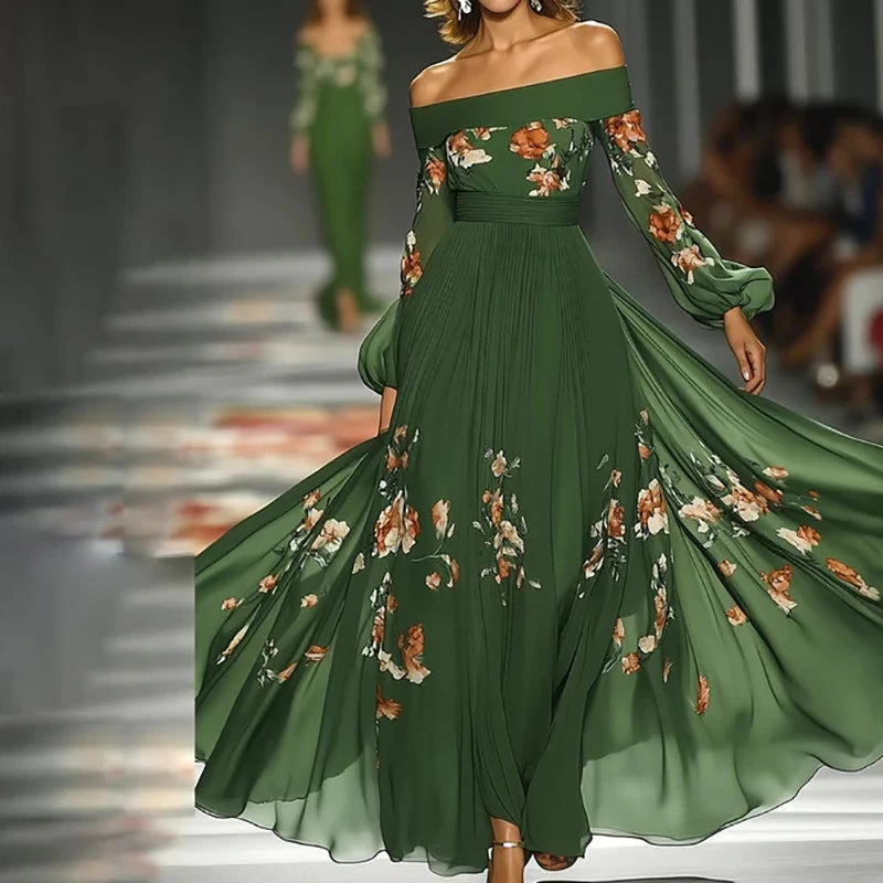 Slash Neck Holiday Patchwork Party Dress, Women Spring Autumn Long Lantern Sleeve Maxi Dress, Print Elegant Simple Ladies Dress