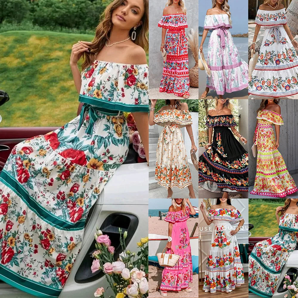 Floral Print Off Shoulder High Waist Dress for Women