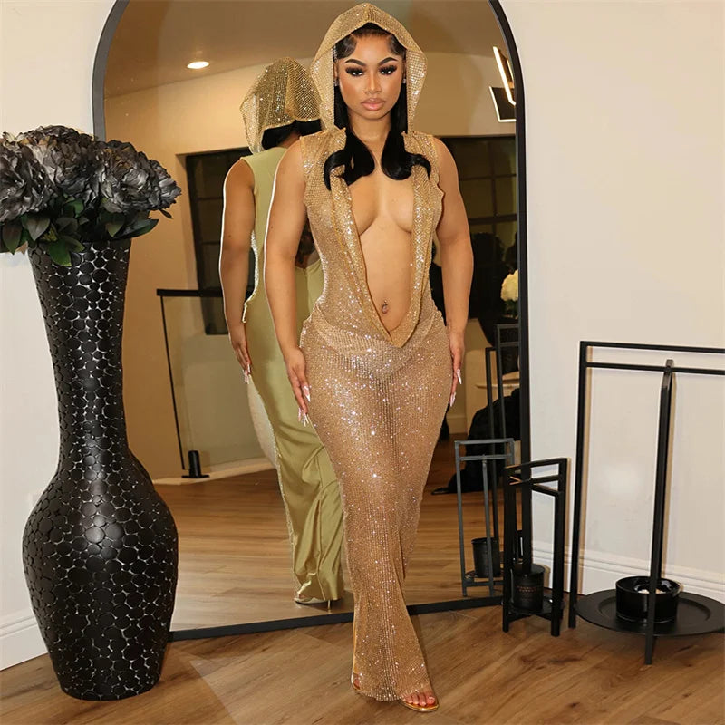 Sequined Mesh Sleeveless Deep V Neck Hooded Maxi Dress for Women