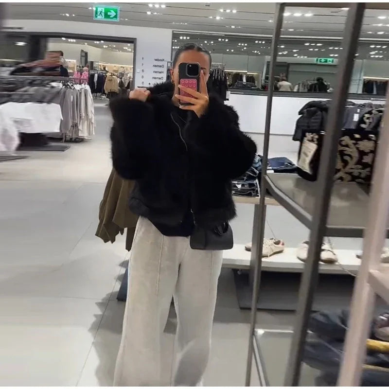 Winter Warm Hooded Faux Fur Long Sleeve Coat with Zipper for Women
