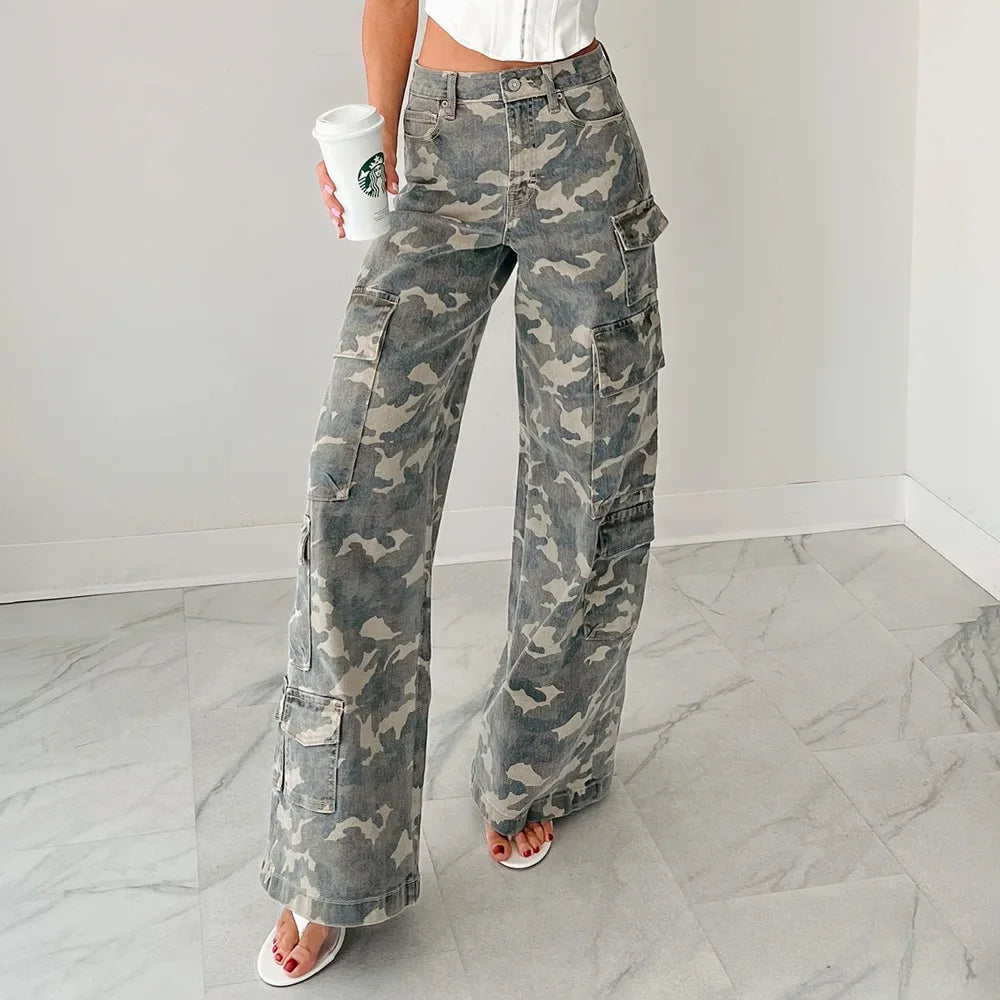 High Waist Camouflage Wide Leg Cargo Pants for Women