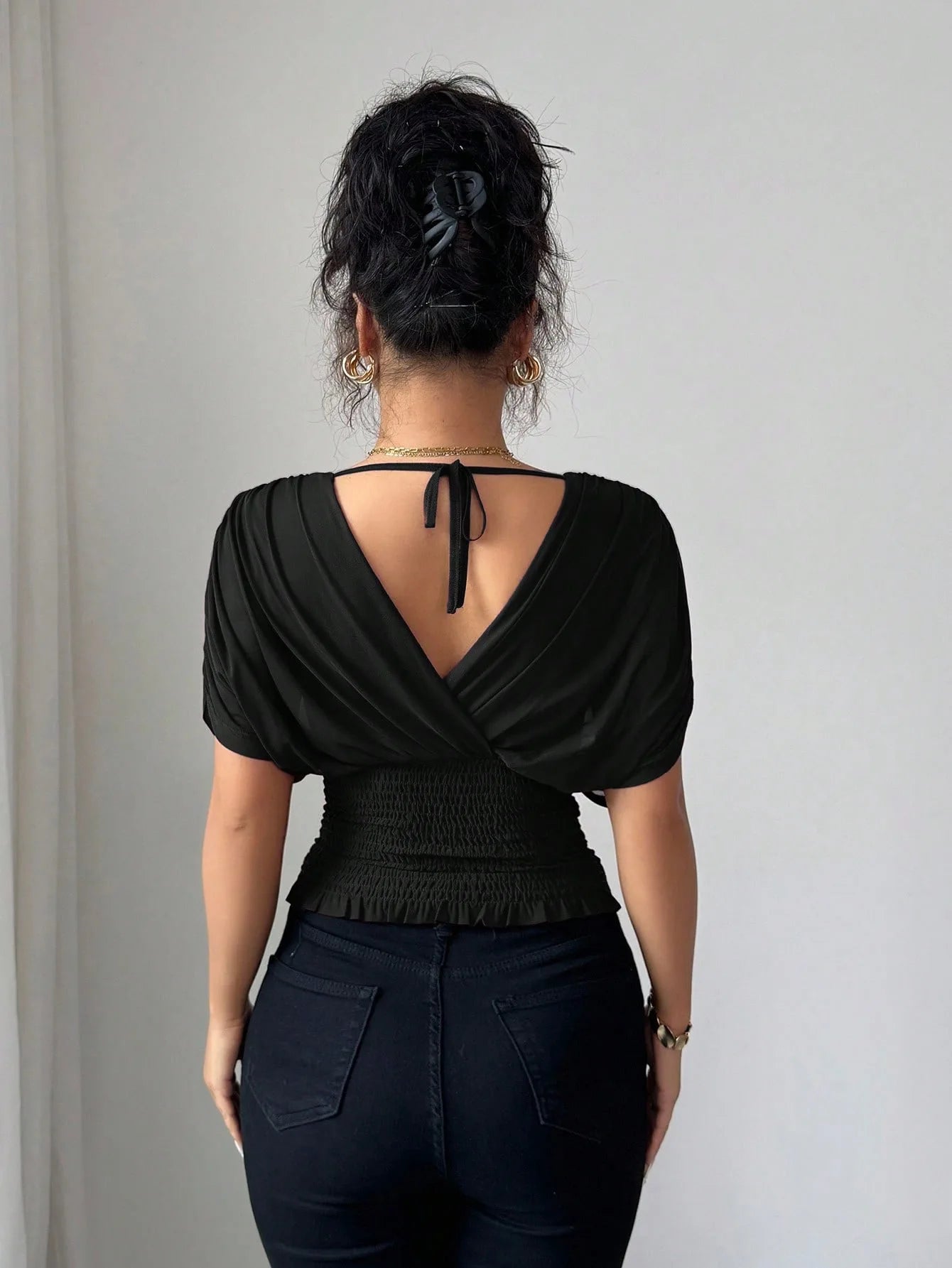 Elegant Deep V Neck Flutter Sleeve Waist Cinching Top for Women