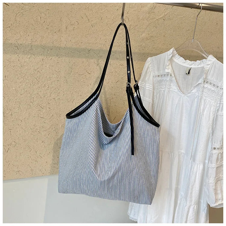 Casual Stripe Canvas Lightweight Shoulder Tote Bag for Women