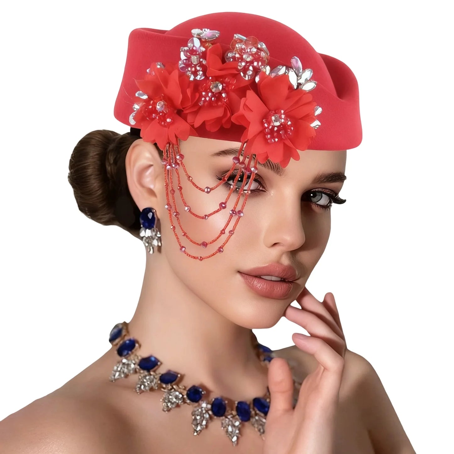 Retro British Beret With Floral Rhinestone Decor For Women