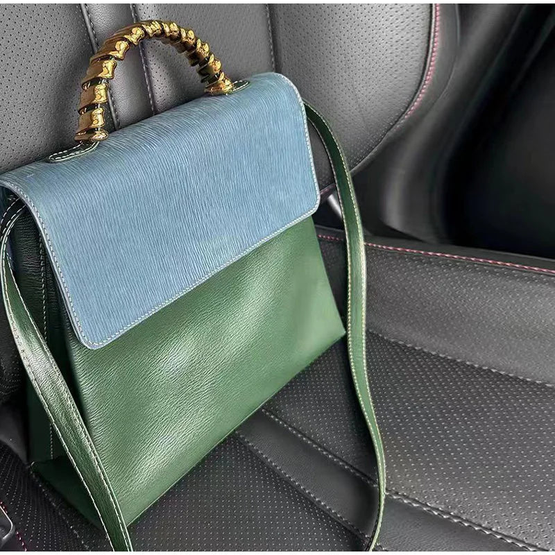 Brand Designer Small Square Bag Elegant Blue Green Stitching Fashion Trend Personality Texture Shoulder Bag Pu Leather Handbag