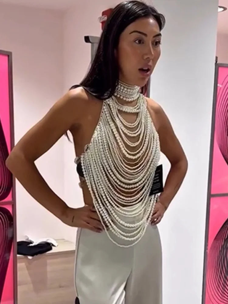 Elegant Pearl Halter Tank Top With Layered Chain Trim for Women