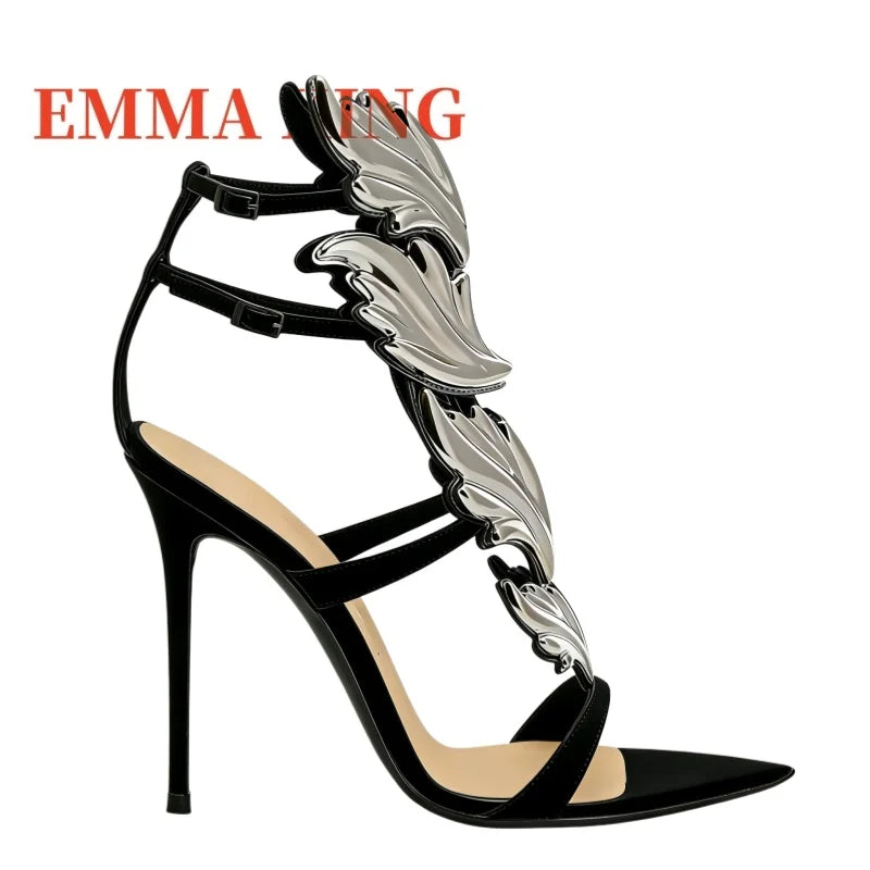 Metallic Winged Ankle Strap High Heel Sandals for Women