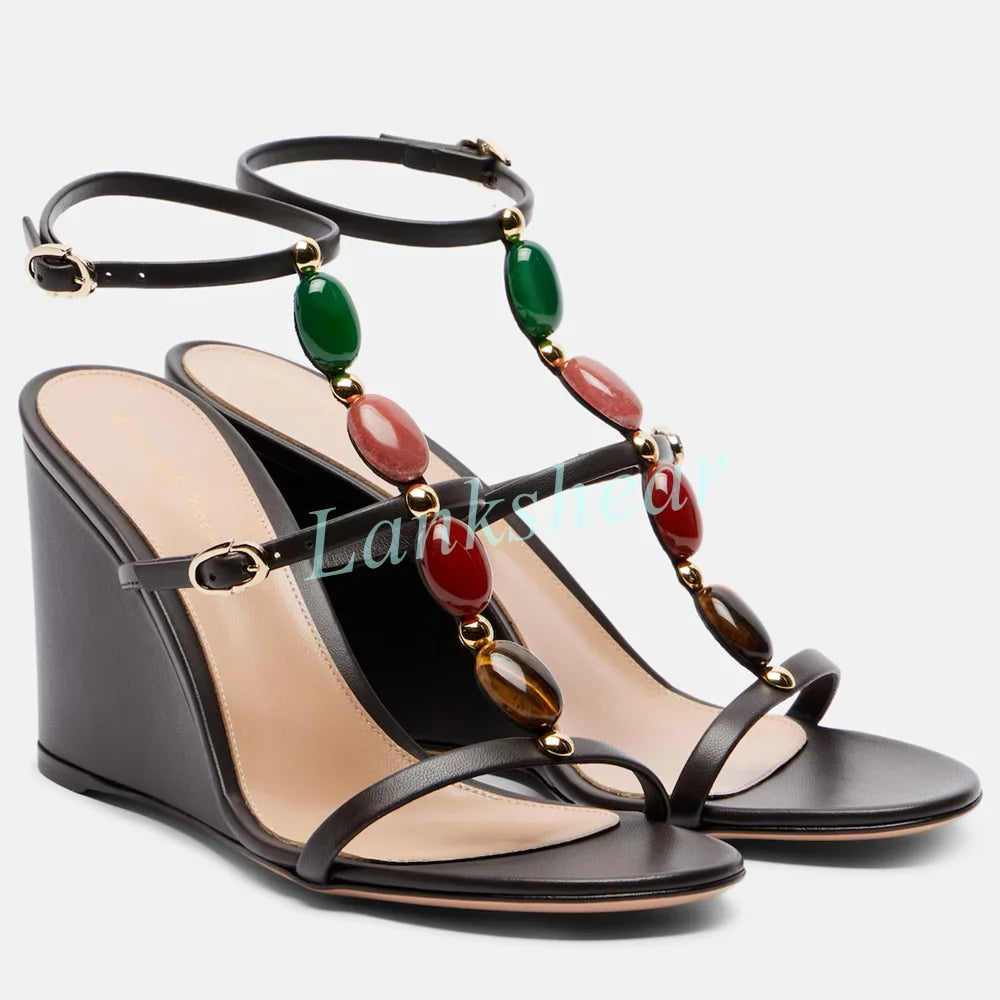 Multicolor Stone Embellished Ankle Buckle Wedge Sandals for Women