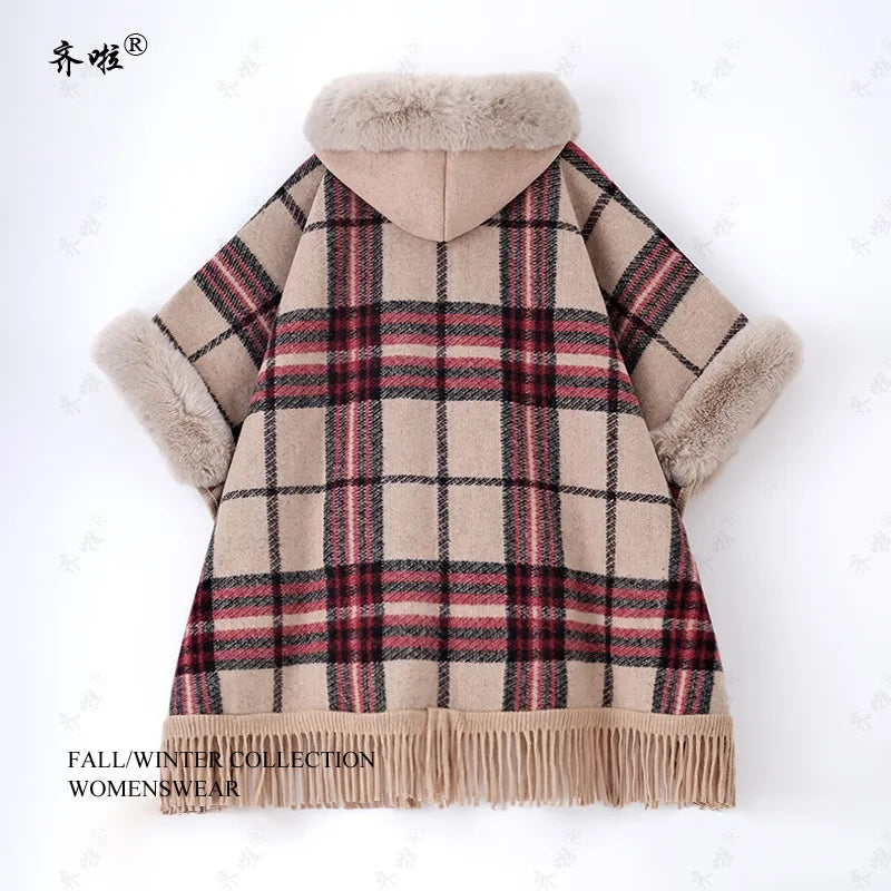Faux Rabbit Fur Plaid Hooded Poncho Coat for Women
