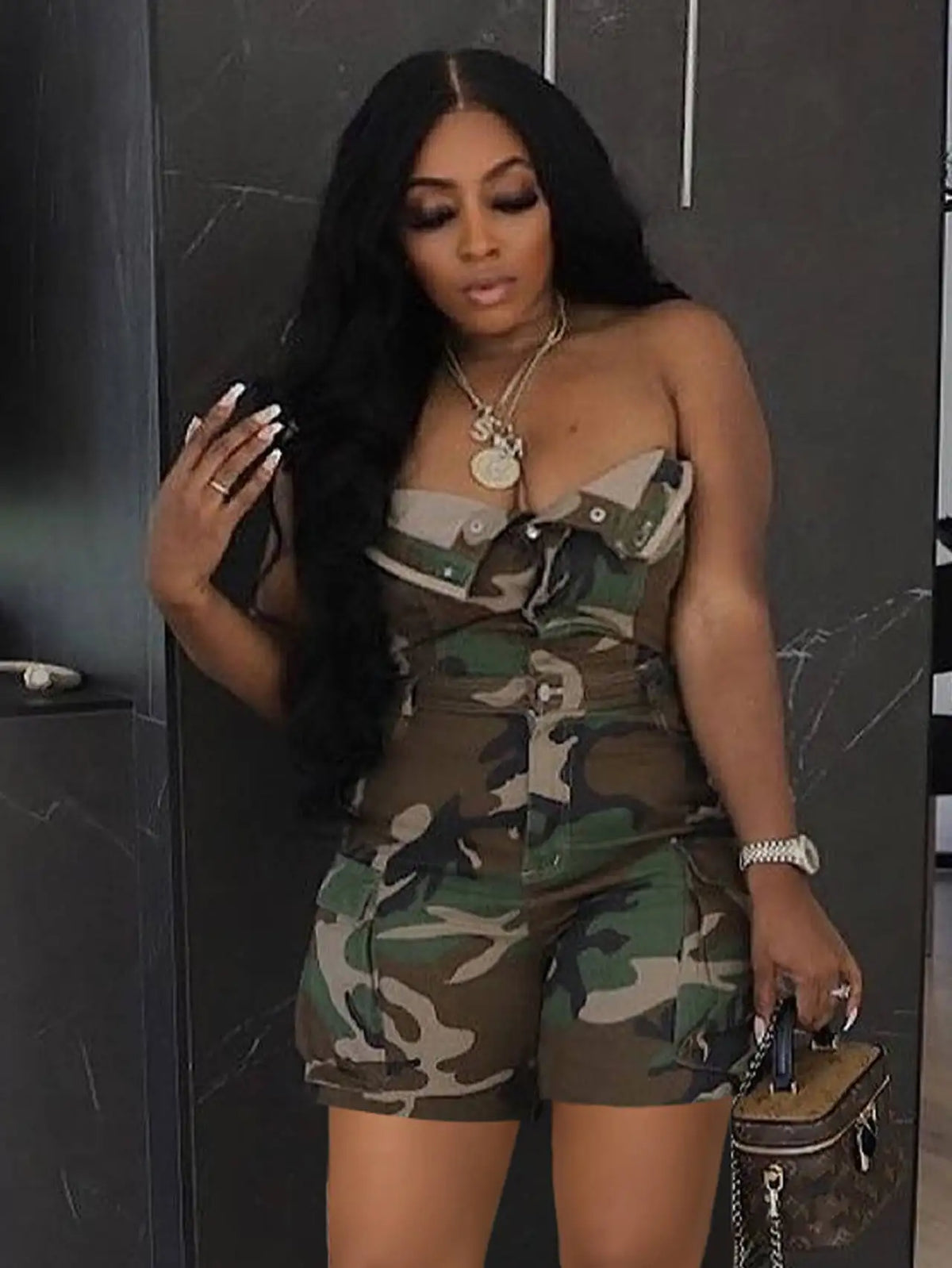 Camouflage Lace Trim Slim Fit Jumpsuit Romper for Women
