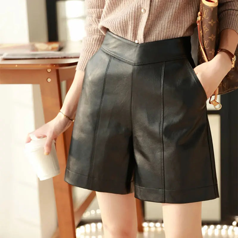 High Waist Wide Leg A Line Patchwork Faux Leather Shorts For Women