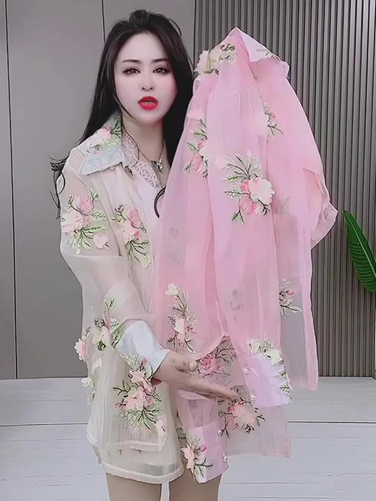 Breathable Embroidered Floral Chiffon Two Piece Set for Women