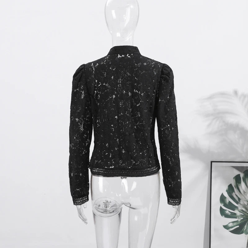 Elegant Embroidered Puff Sleeve Hollow Out Lace Blouse for Women