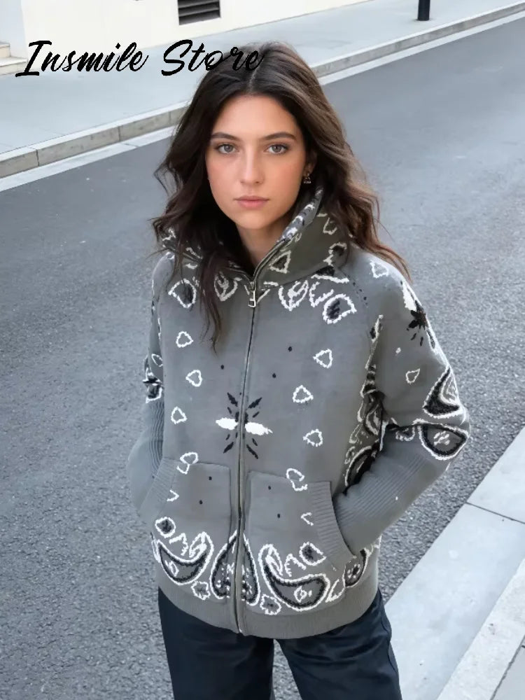 Gray Jacquard Knit Loose Cardigan Long Sleeve Casual for Women