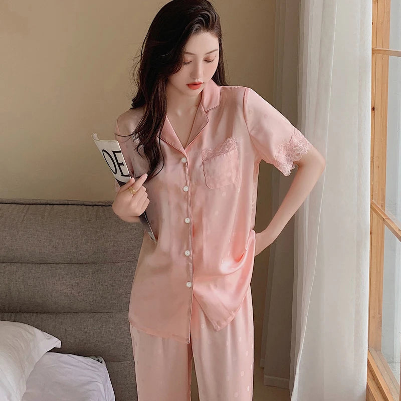 Y2k Pink Sweet Dot Lace Jacquard Women Pajamas French Romantic Lazy Lady Nightgown 2024 New Summer Korean Harajuku Home 2pc Set