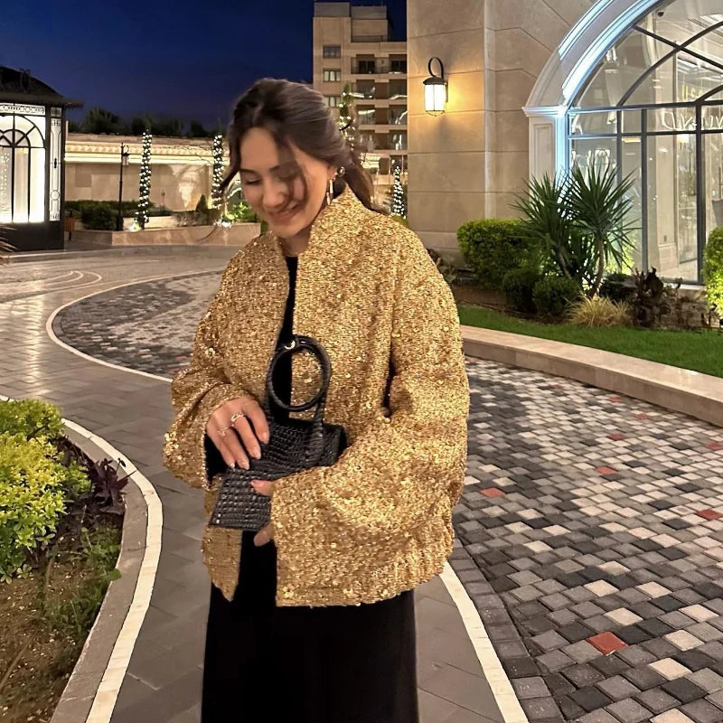 Suninheart Women's Sequined Bomber Jacket Fall O Neck Long Sleeve Pocket Stretch Hem Sequins Jacket Coat Female Chic Outerwear