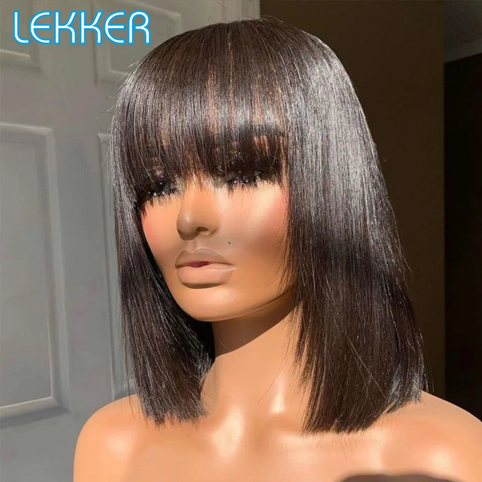 Short Brown Pixie Bob Human Hair Wig With Bangs for Women