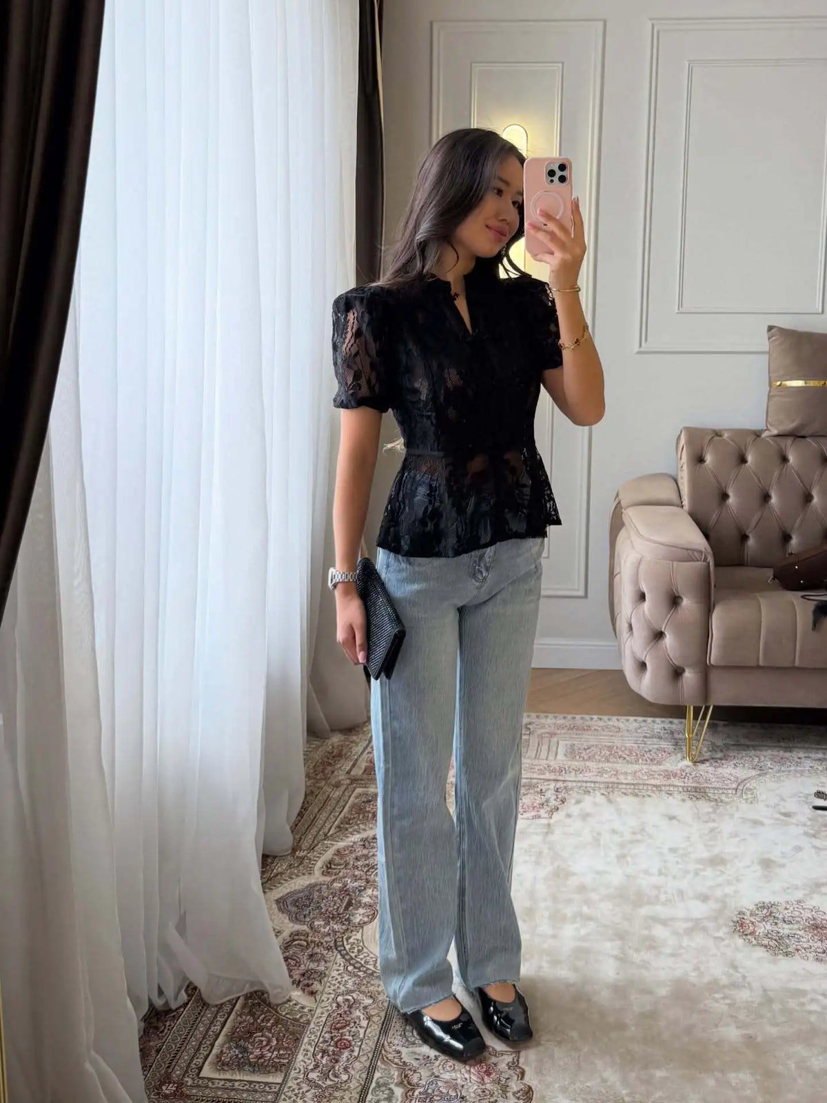 Short Sleeve Floral Lace Sheer Cheongsam Blouse for Women