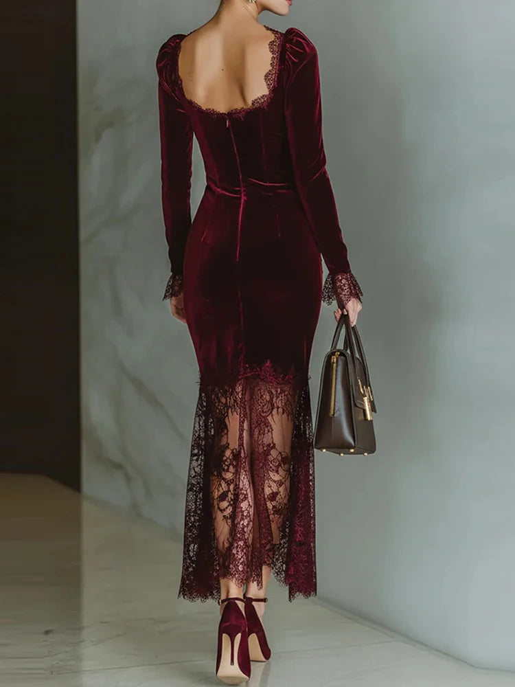 Elegant Velvet Lace Patchwork Maxi Dress for Women