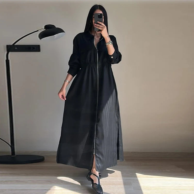 Women's Fashion Zipper Waist Long Dress Casual Solid Laple Full Sleeve A-line Long Robe Lady 2025 Autumn Chic Loose Streetwear