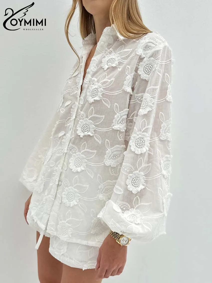 Oymimi Summer White Cotton 2 Piece Sets Women Outfit Casual Jacquard Button Wrist Sleeve Shirts And High Waist Shorts Female Set