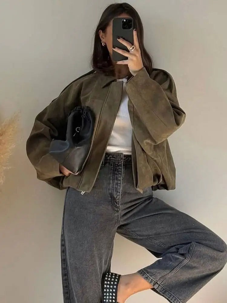 Retro Suede with Zipper Short Jacket Set for Women