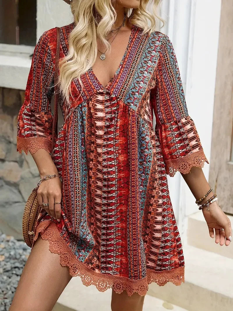 Vintage Floral Print V Neck Long Sleeve Dress For Women