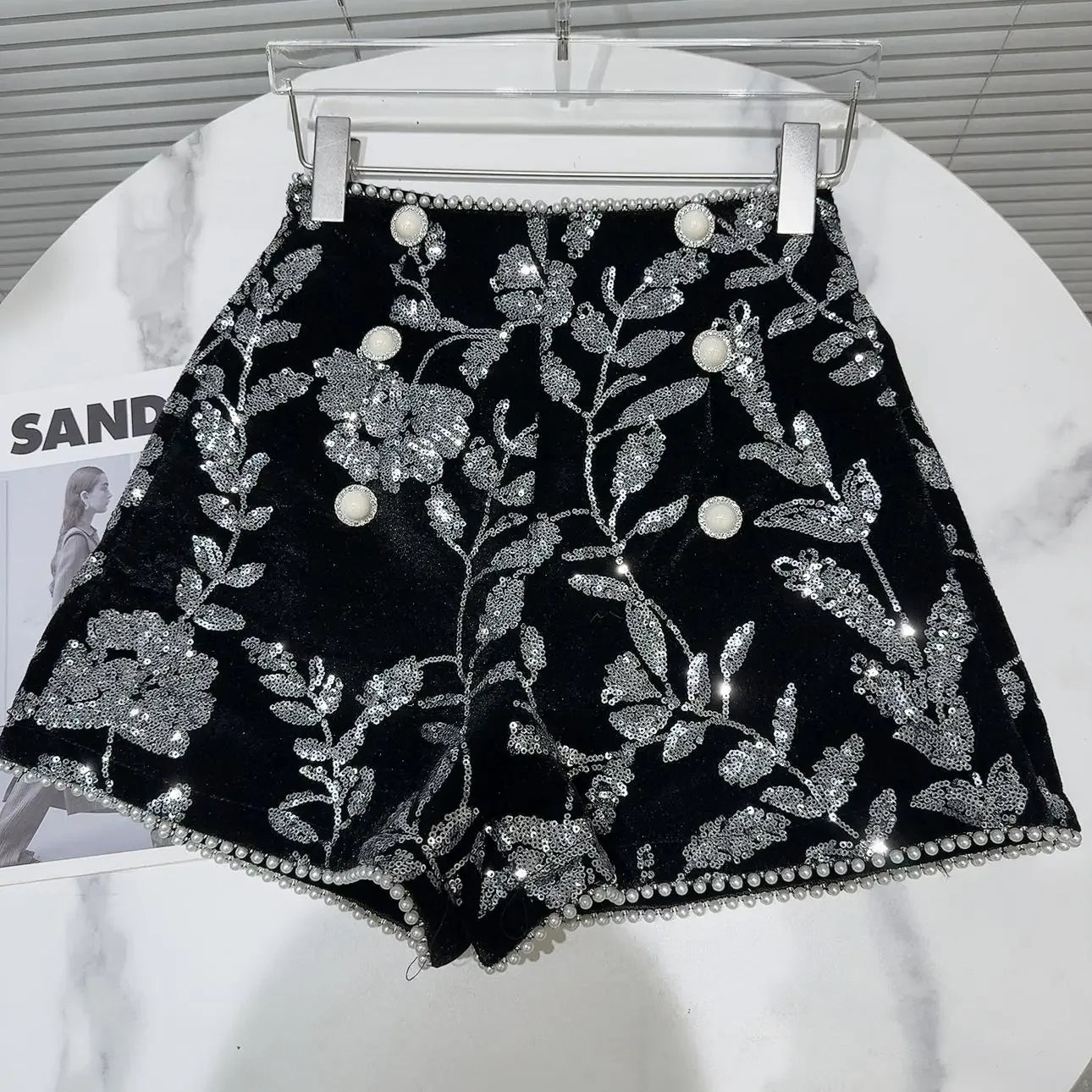 Sequined Embroidered Velvet Shorts
