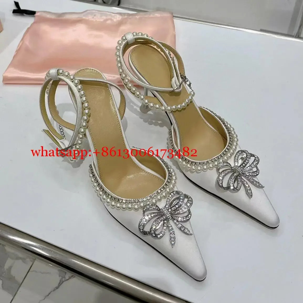 Candy Color Crystal Bow Pearls Buckle Sandals Design Women Rhinestones Bow Pointed Toe Pearls Buckle Slingback 8Cm Heel Sandals