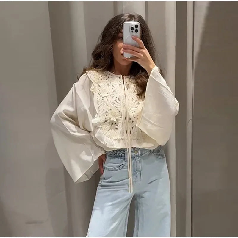 Floral Hollow Embroidery Mini Skirt Sets Women 2 Pieces Flare Sleeved Women Suit Casual Two Piece Set Summer Women Outfit