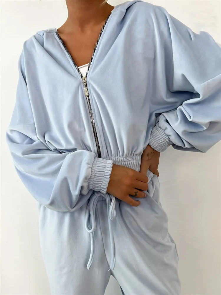 Hooded Zipper Hoodie and Trouser Tracksuit Set for Women