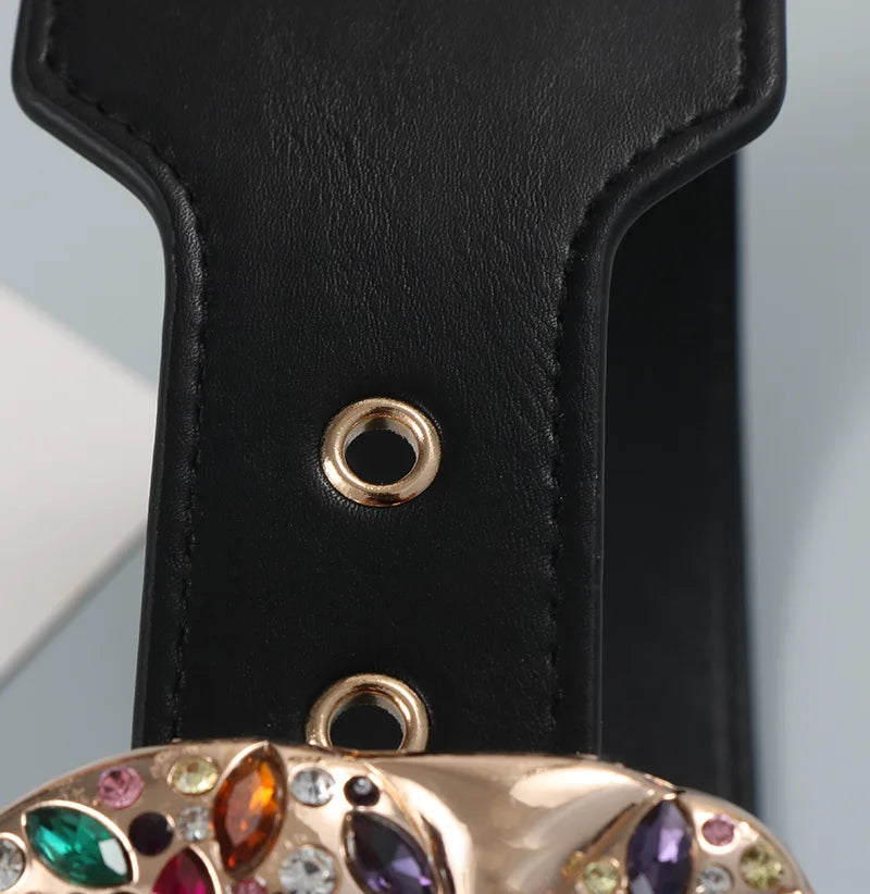 Elegant Rhinestone Wide Faux Leather Belt for Women