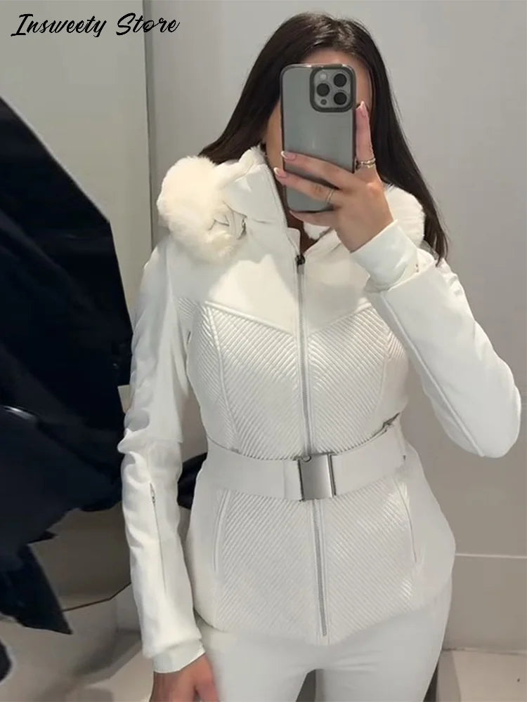 Warm Fur Trim Hooded Winter Ski Suit with Belt for Women