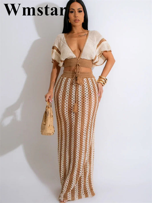 Wmstar Women Two Piece Set Sexy Elegant Knitted Crochet Beach Stripe Crop Tops Long Skirts Matching Set Holiday Birthday Outfits