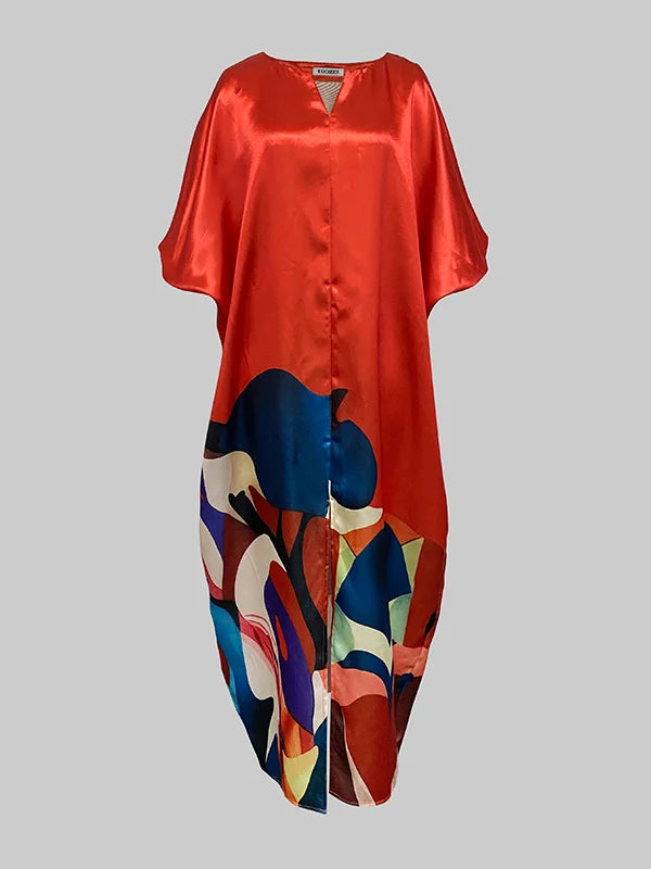 Gymystars Elegant Party Dresses Flower Print Maxi Dress Fashion Loose Puff Sleeves Split-Front Casual Red Evening Dress Ladies