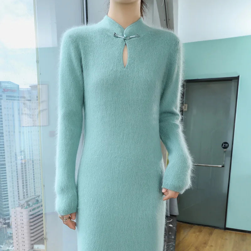 Cashmere Knit Dress with Stand Up Collar and Buckle for Women