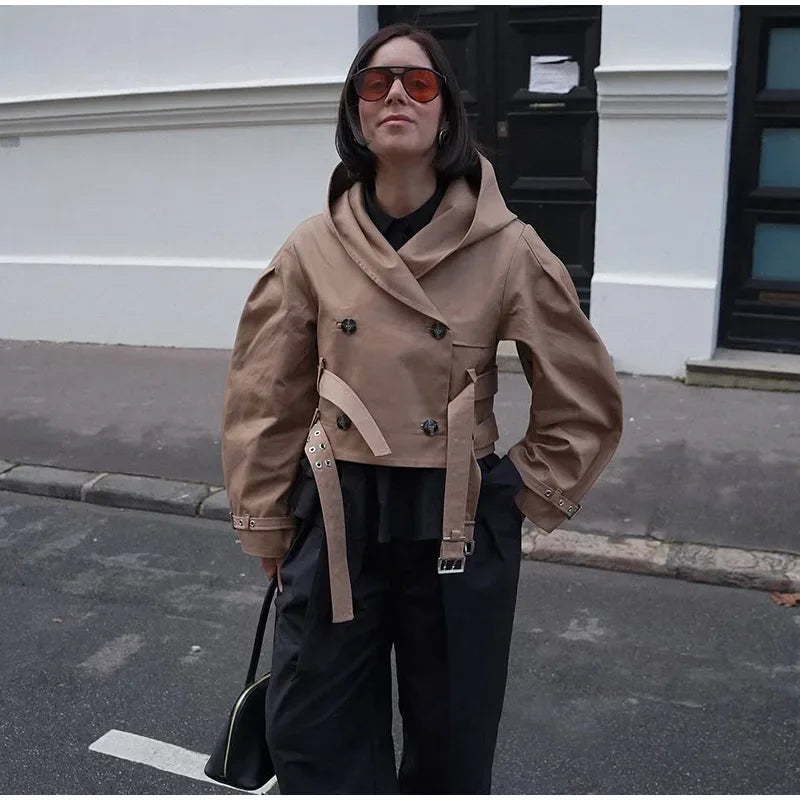 Khaki Cotton Blended Double Breasted Puff Sleeve Coat For Women
