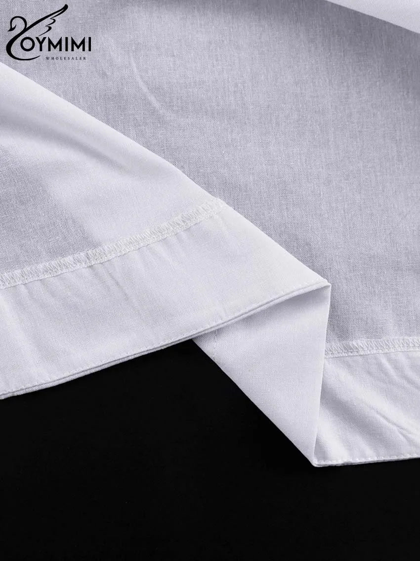 Oymimi Elegant White Cotton Sets For Women 2 Pieces Casual Lapel Long Sleeve Button Shirts And Ruffled Ankle-Length Pants Sets