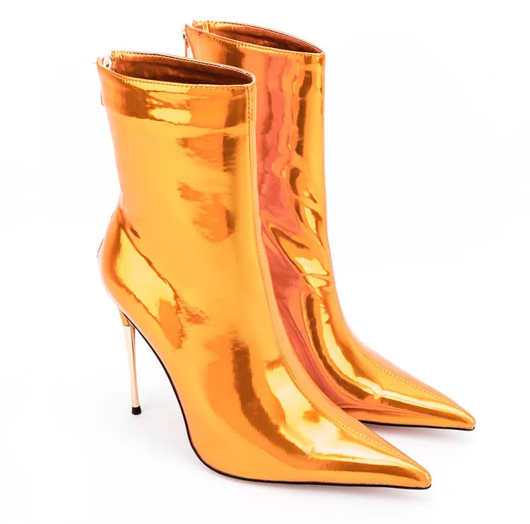 Shiny Blue Mirror Stiletto Boots with Side Zipper for Women