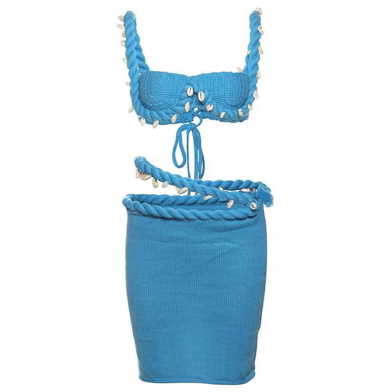 FAGADOER Sexy Knit 2 Piece Sets Woman Outfit Strap Low Neck Camis+Slash Waist Mini Skirts Suits Female Hipster Beach Clothing